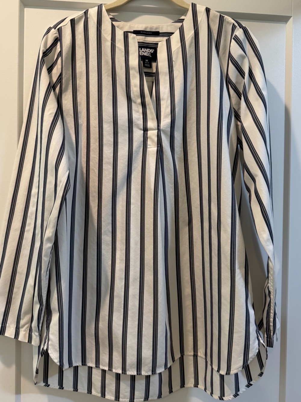 Lands' End White Hi-Lo Tunic Shirt with Navy Vertical Stripes.  Medium (10-12)